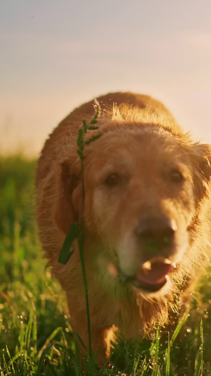 活跃的金毛寻回犬跑在农作物在农业领域的天空下，日出-垂直视频下载