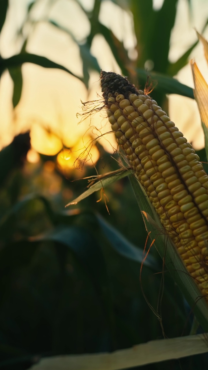 日落时农场上玉米在作物上生长的特写镜头-垂直视频下载