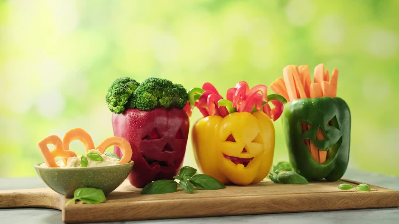 万圣节派对的新鲜蔬菜开胃菜。甜椒里塞着新鲜蔬菜，装饰成可怕的怪物或南瓜头杰克。这是一个有趣又有创意的主意，为孩子们提供健康的素食万圣节食品。库存视频4k。视频下载