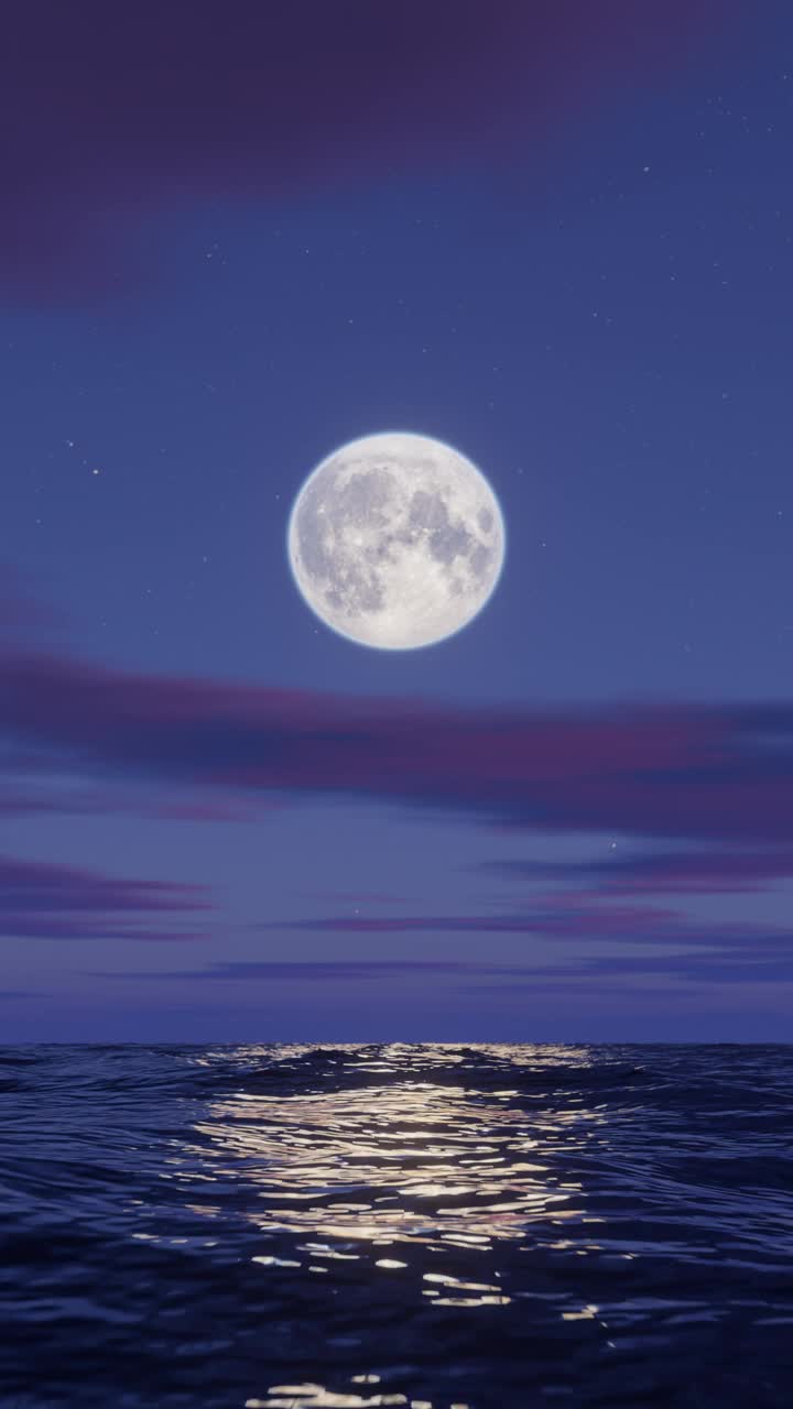 在月亮之夜飞越海洋的垂直视频。视频下载