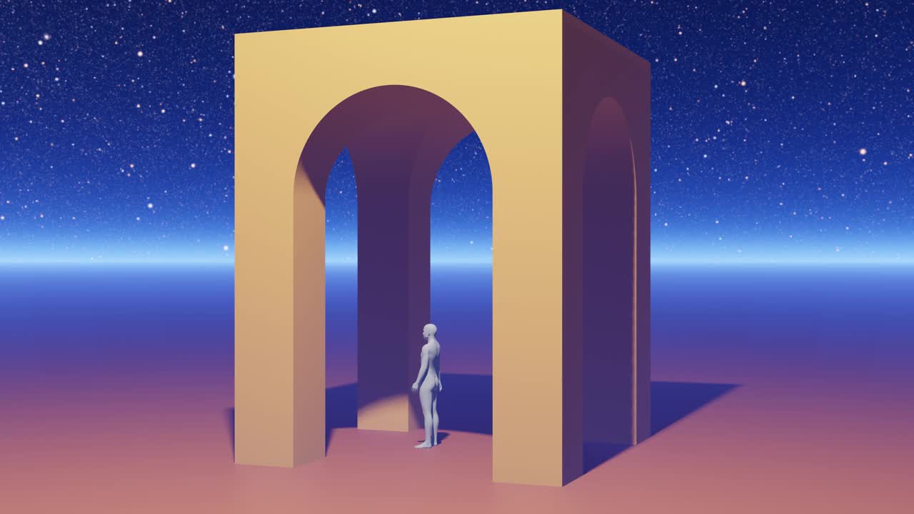 一个人站在一个平面上的拱门上，在星空和银河下，地平线上有薄雾视频下载