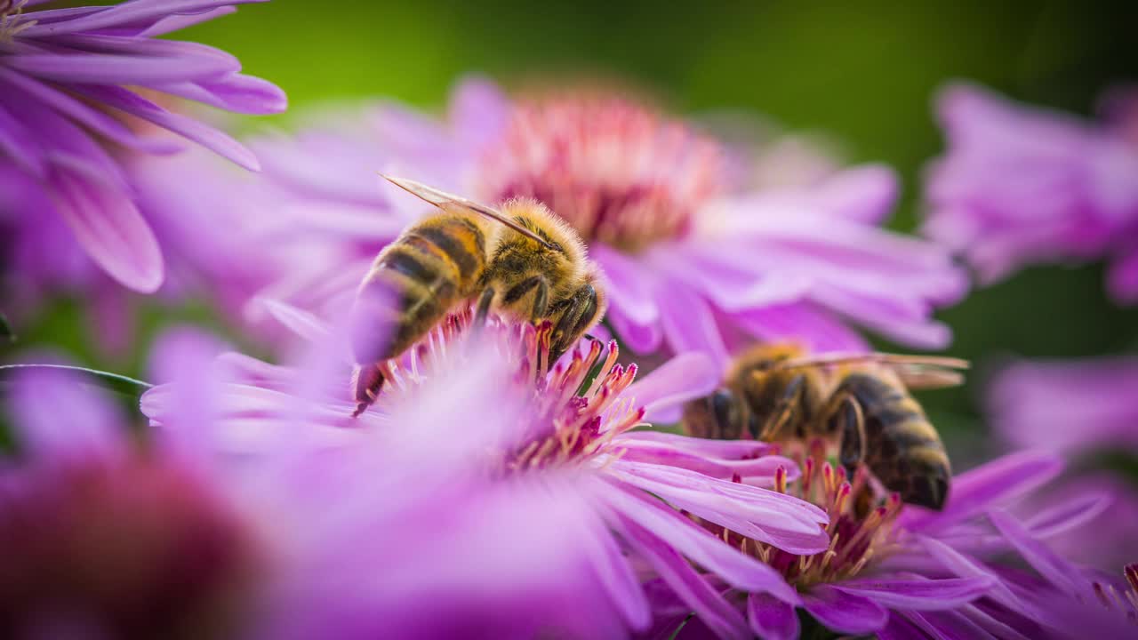 蜜蜂在紫菀花上采集花蜜和花粉视频素材