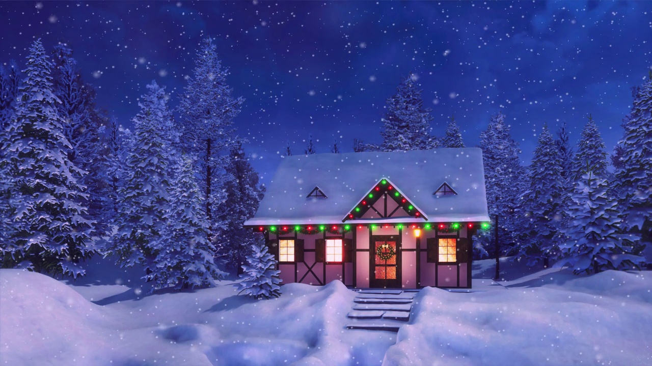 在下雪的冬夜为圣诞节装饰的半木结构乡村房屋视频素材