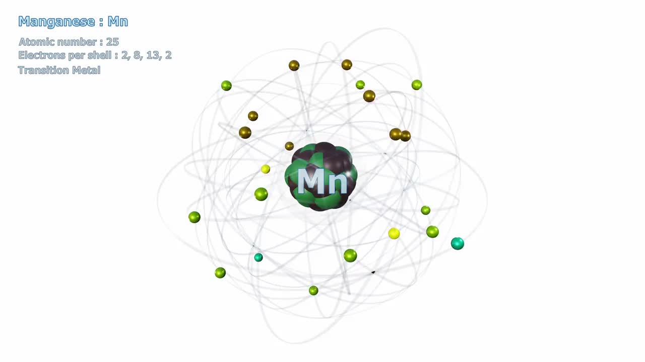 锰原子在白色上有25个电子在无限轨道旋转视频下载