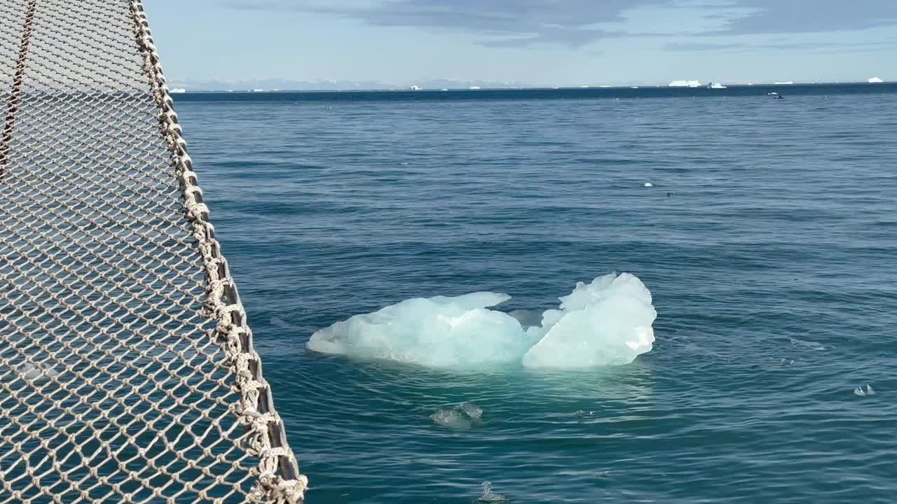 一块冰平静地漂浮在一艘帆船附近的海水中。Scoresbysund,格陵兰岛。视频素材