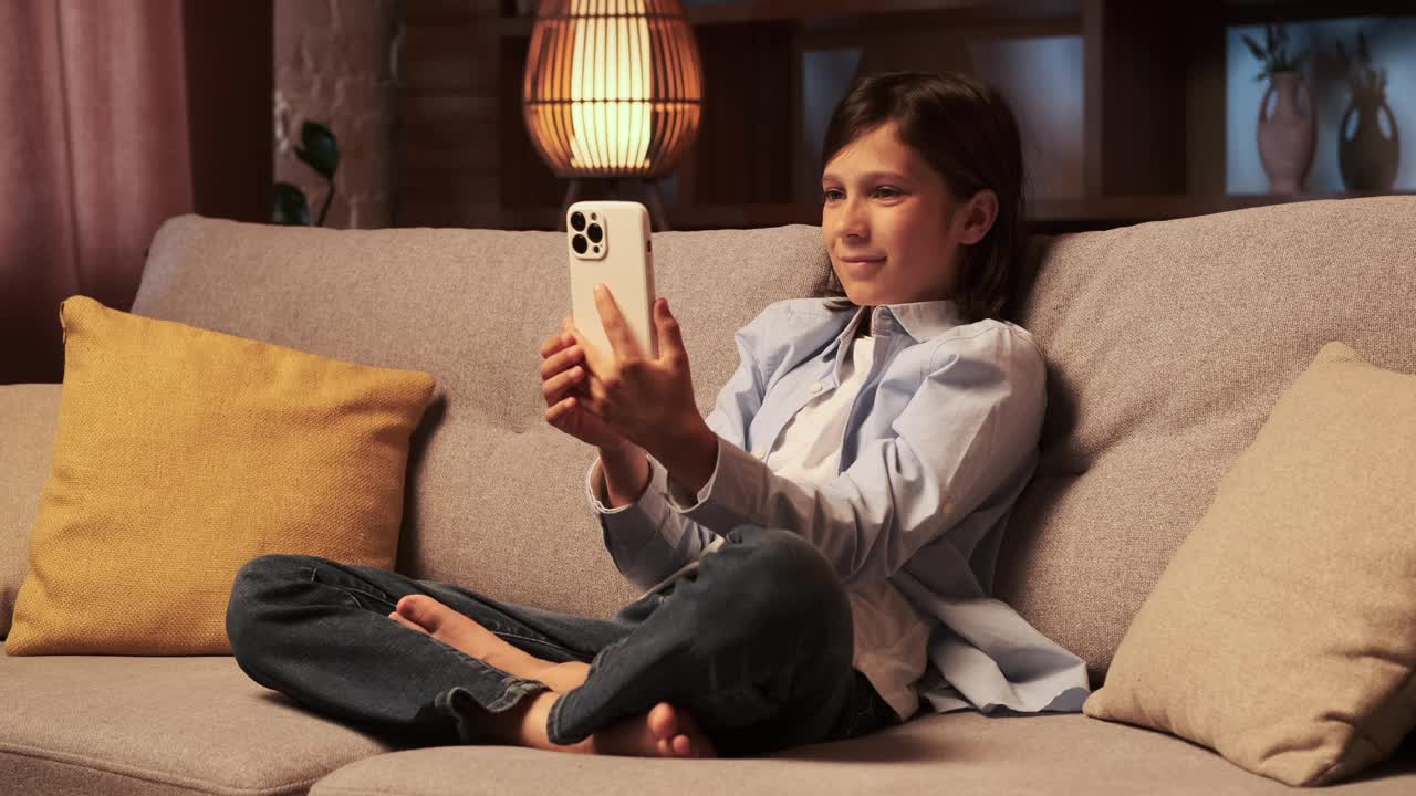 小学生在客厅的沙发上用手机进行视频通话视频素材