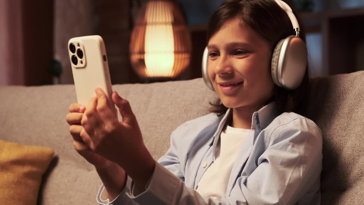 戴着耳机的微笑男孩在客厅用手机视频下载