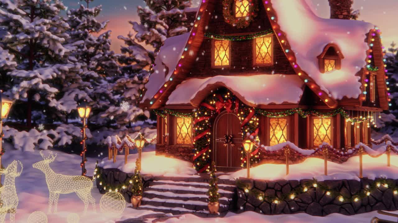神奇的动画圣诞贺卡或艺术绘画与一个舒适的房子，风格与节日装饰冬季假期。圣诞老人在森林里的家有很多雪和一辆装满礼物的雪橇视频下载