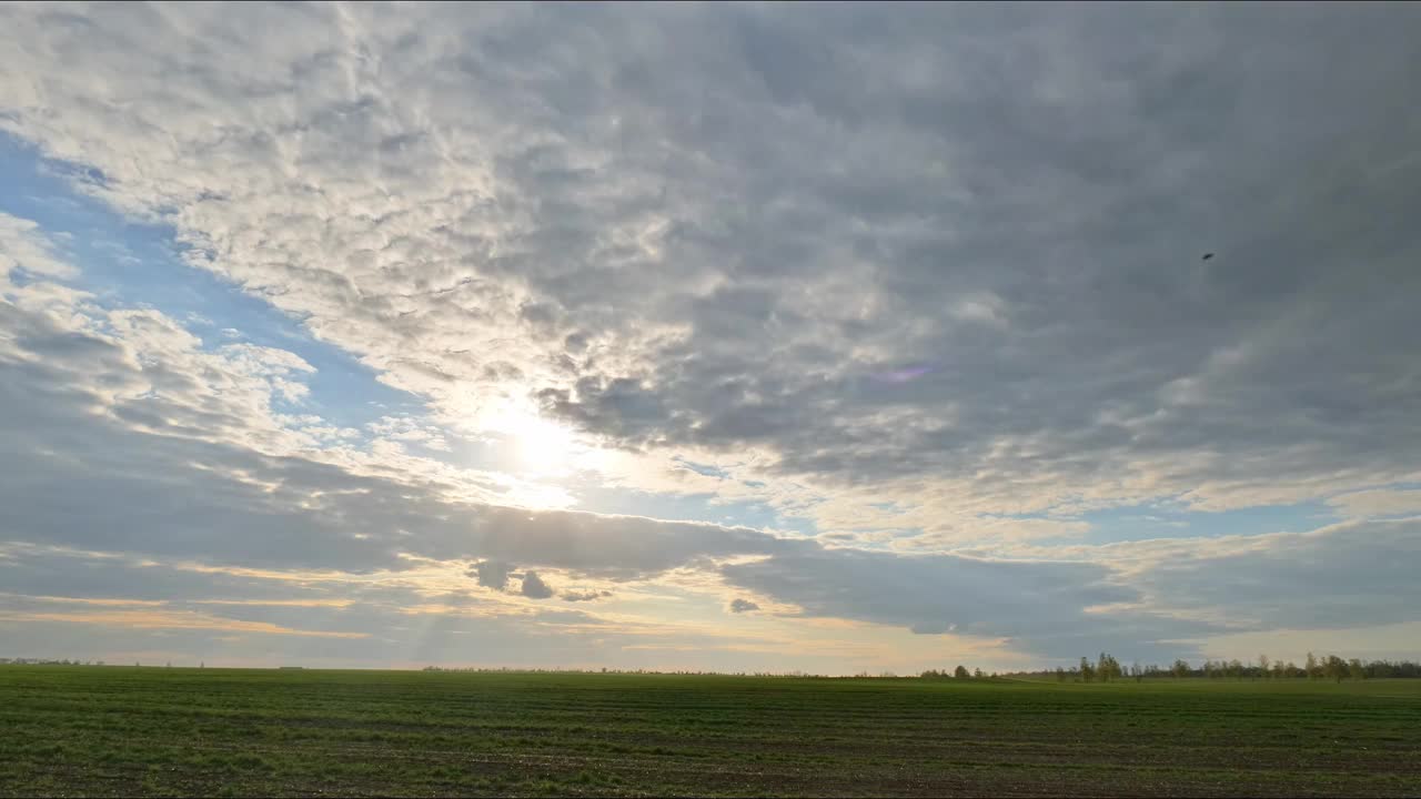 时间流逝的夕阳在春天的绿色田野视频下载