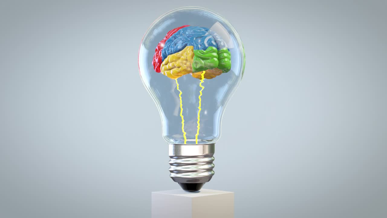 彩色的3d大脑在灯泡里旋转，伟大的思维概念，循环视频素材