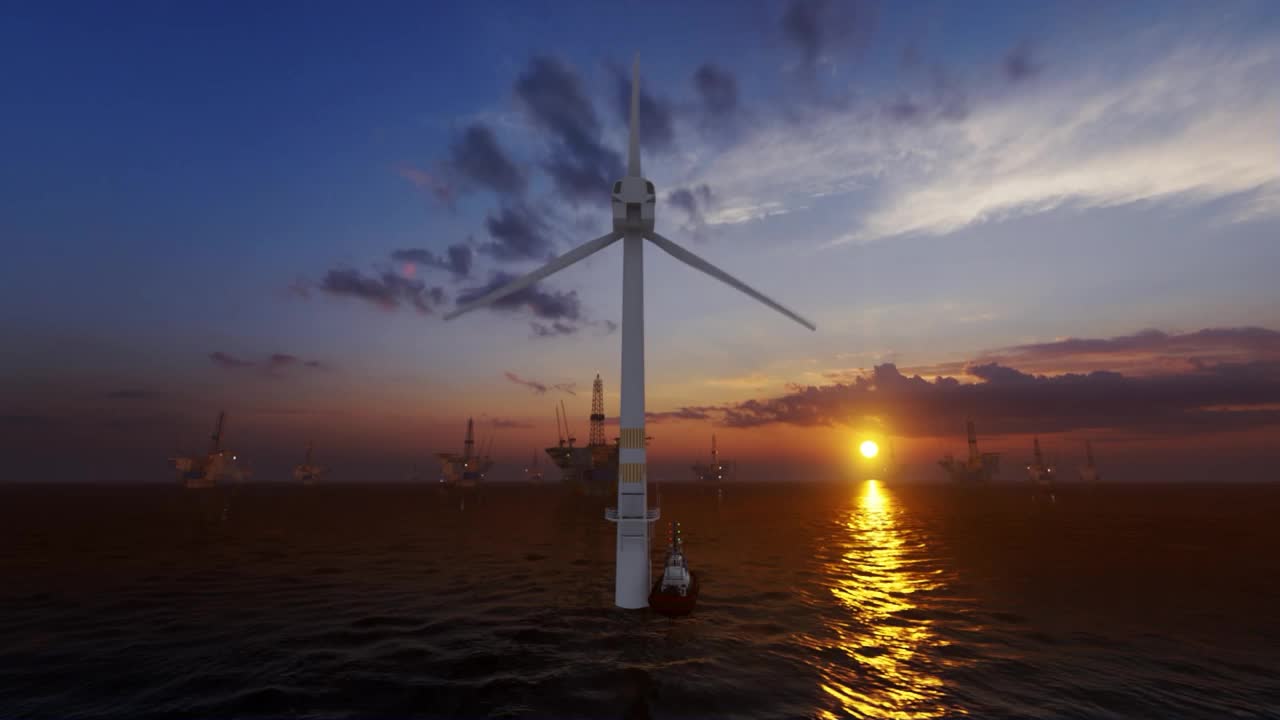 夕阳下，向海上风力涡轮机和石油钻井平台的维修工人飞去视频下载
