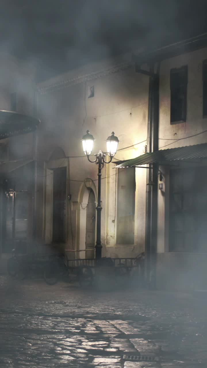 雾蒙蒙的夜晚，老街上的垂直视频视频素材