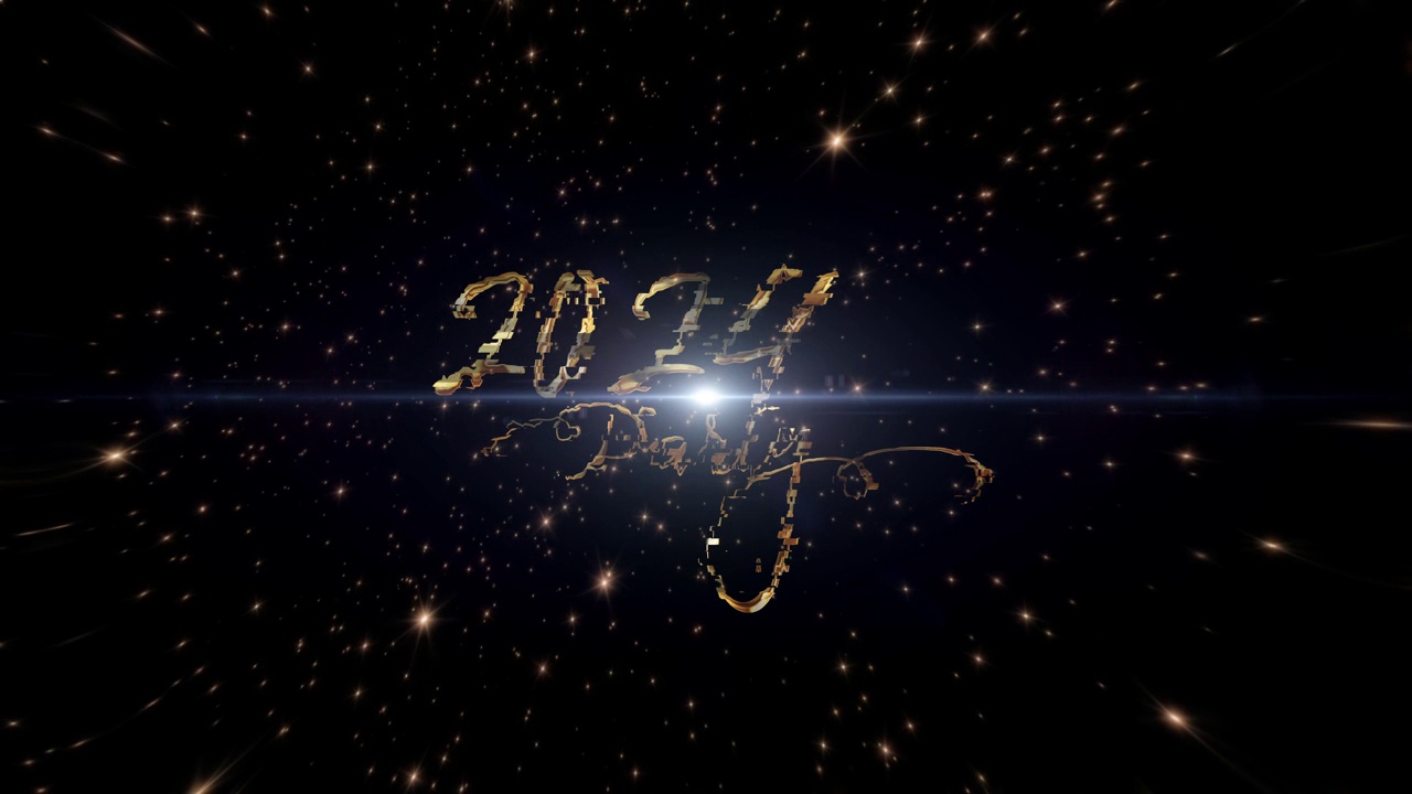 2024新年快乐派对金色闪闪发光的闪烁文字与黄金颗粒流上电影标题黑色抽象背景视频素材