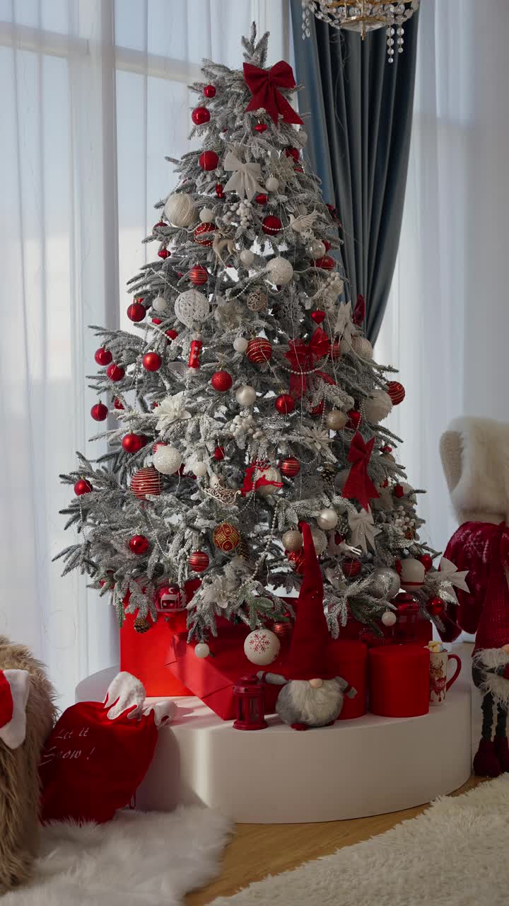 圣诞树上有白色和红色的装饰视频下载