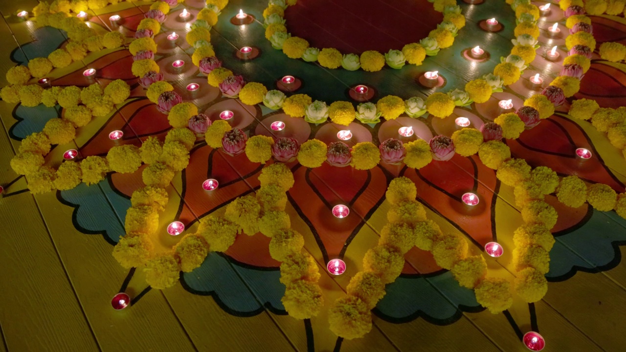 金盏花Rangoli在排灯节庆祝活动期间，排灯节或屠妖节是印度最大和最重要的节日。视频下载