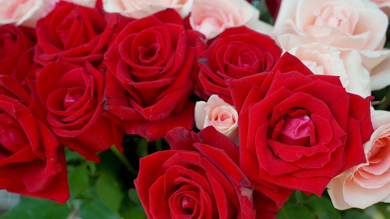 美丽的玫瑰花在市场摊位出售。视频下载