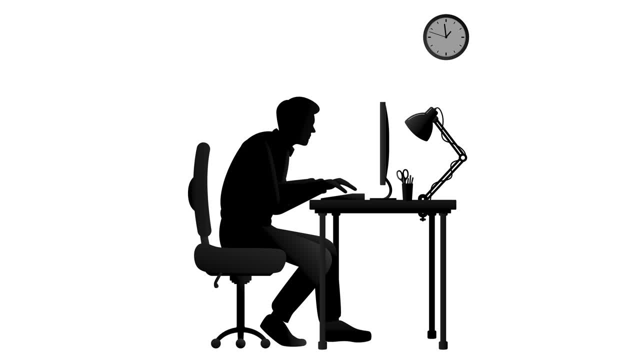 男人用电脑独自在办公室工作，动画孤立在白色背景上视频下载