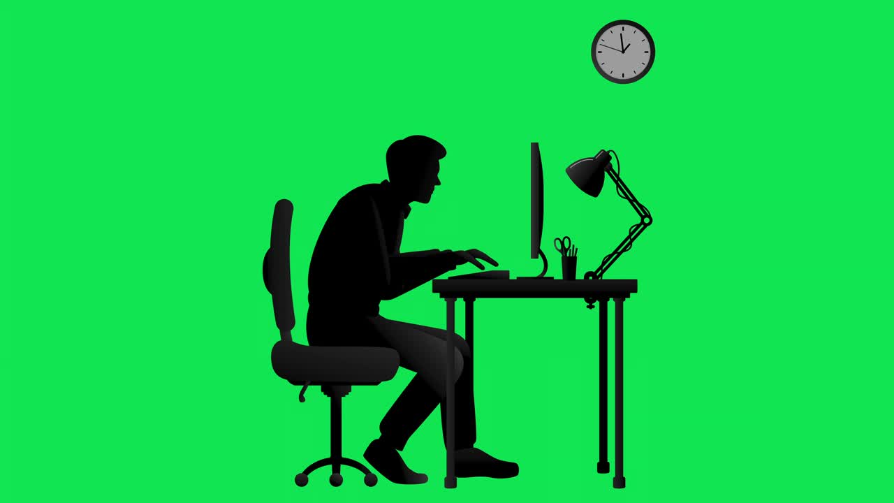 人用电脑独自在办公室工作，动画孤立在色度键背景上视频下载