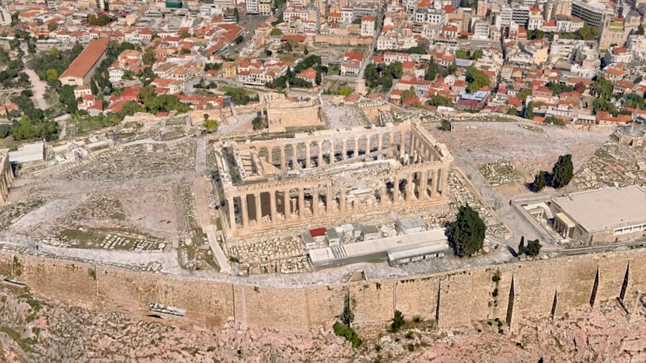 帕台农神庙在雅典卫城希腊，航空图形动画视图视频下载