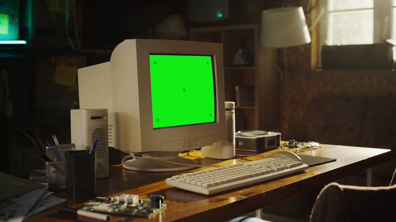 在复古的车库里，硬件工程师空荡荡的工作场所:桌子上展示着绿屏Chromakey的旧电脑。印刷电路板和图纸文件放在桌子上。视频素材