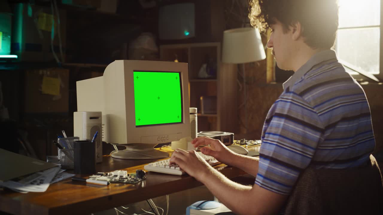 放大镜头的白人男性工程专业学生写论文的旧电脑与绿屏铬在复古车库展示。九十年代科技大学的工程设计视频素材