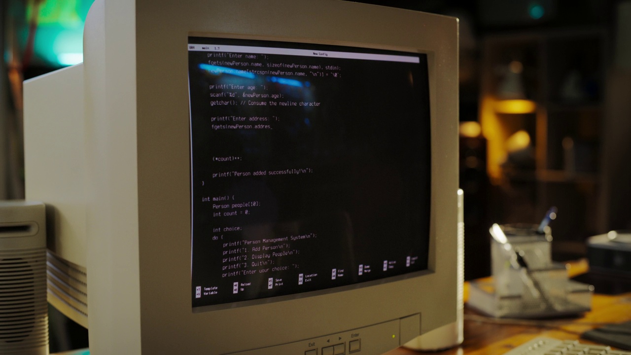 复古车库中软件工程师办公桌上的旧台式电脑特写。日期PC已打开操作系统终端，屏幕上提示运行，代码运行成功。视频下载
