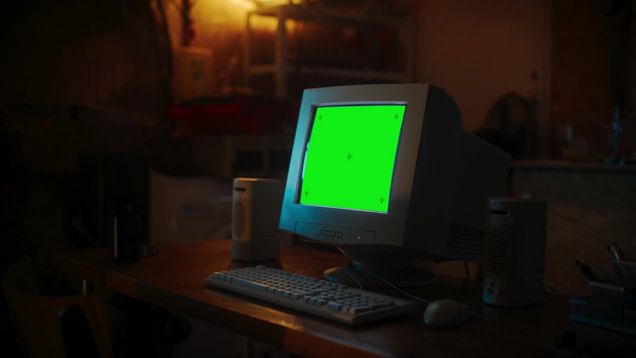 互联网爱好者空荡荡的工作场所:深夜，站在复古车库的桌子上，展示着绿屏Chromakey的旧台式电脑。90年代浏览万维网的工作站视频素材