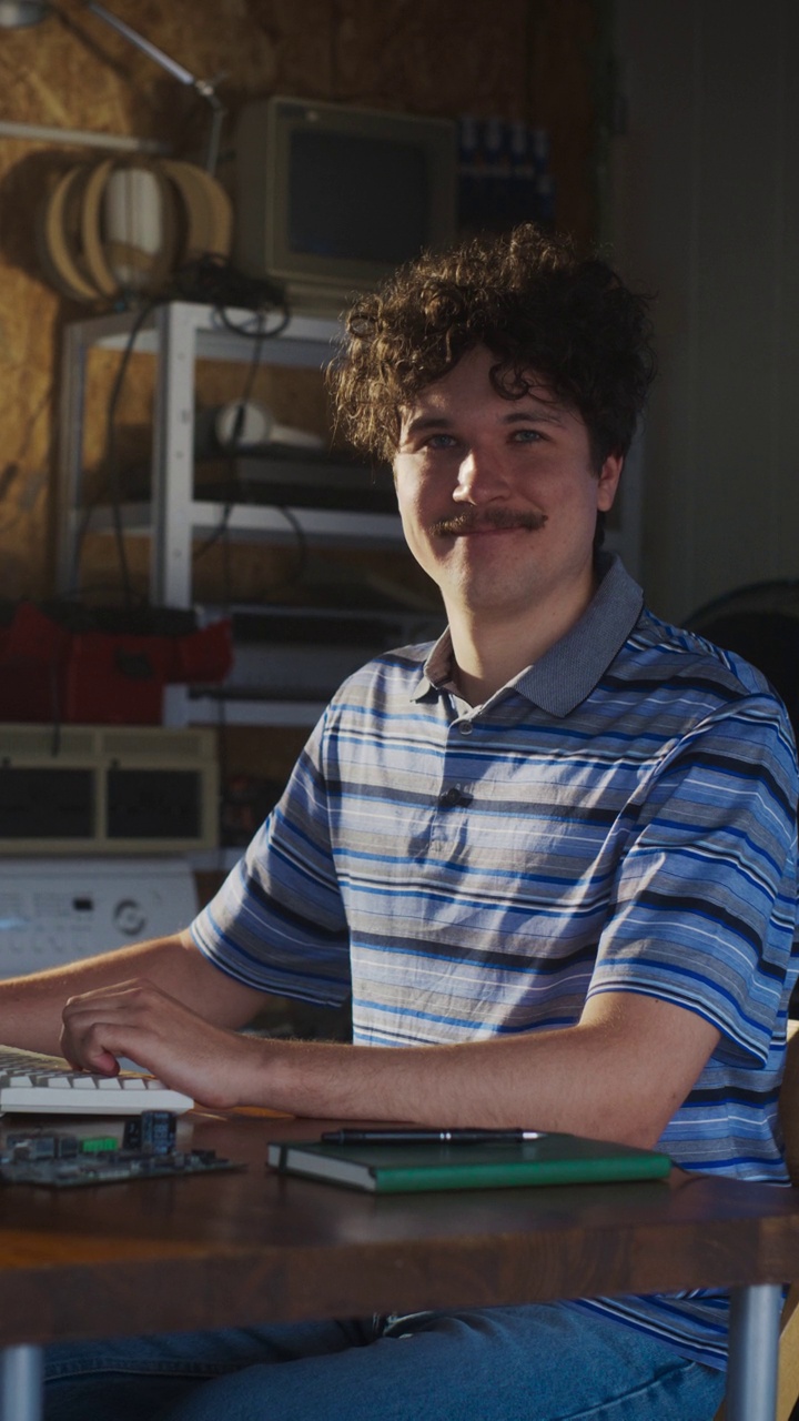 垂直屏幕:白人男性软件工程师在复古车库的旧台式电脑上编程，看着相机，微笑着。一个人在怀旧的90年代创办了一家创新的创业公司。视频素材