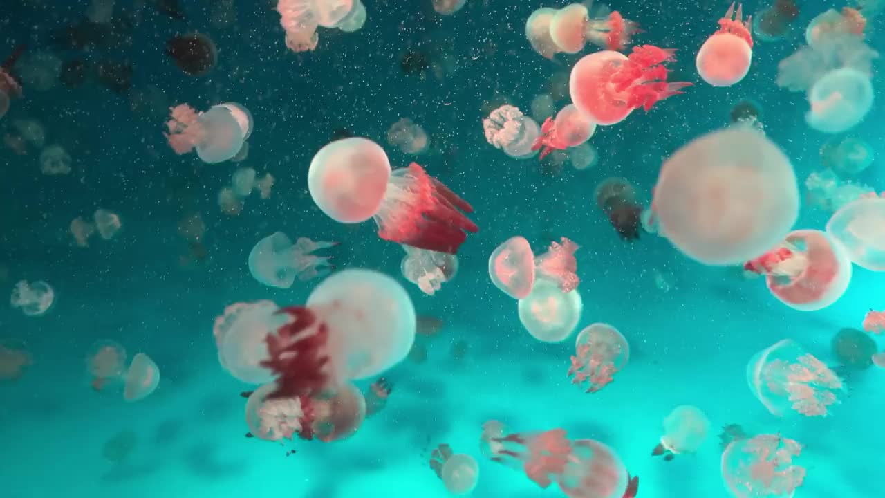 水母在深水中自由游动。成群的水母。视频下载