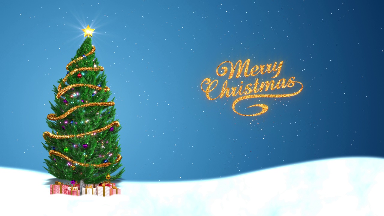 圣诞贺卡与现实的圣诞树和礼盒和雪花飘落视频下载