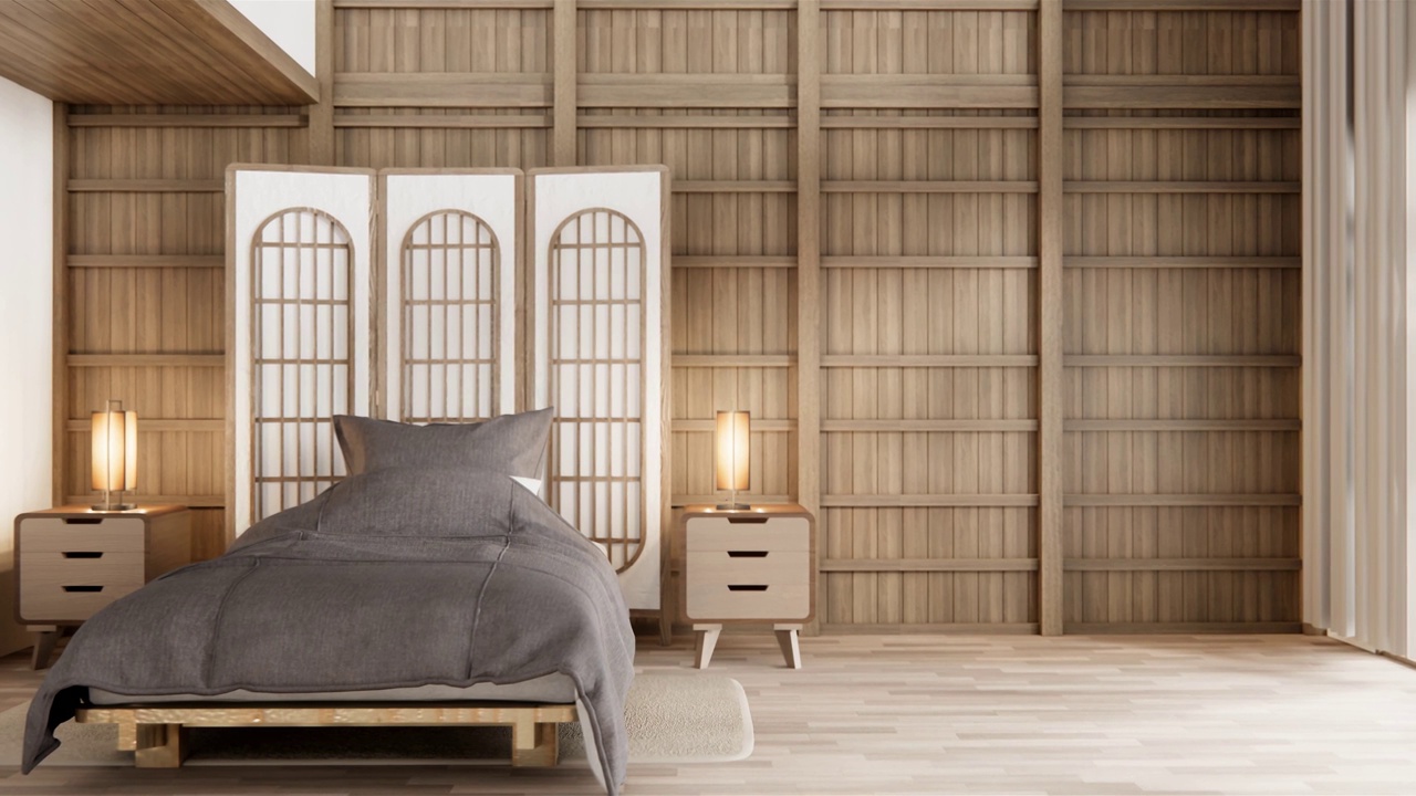 卧室内饰简约风格，日式内饰。三维渲染视频下载