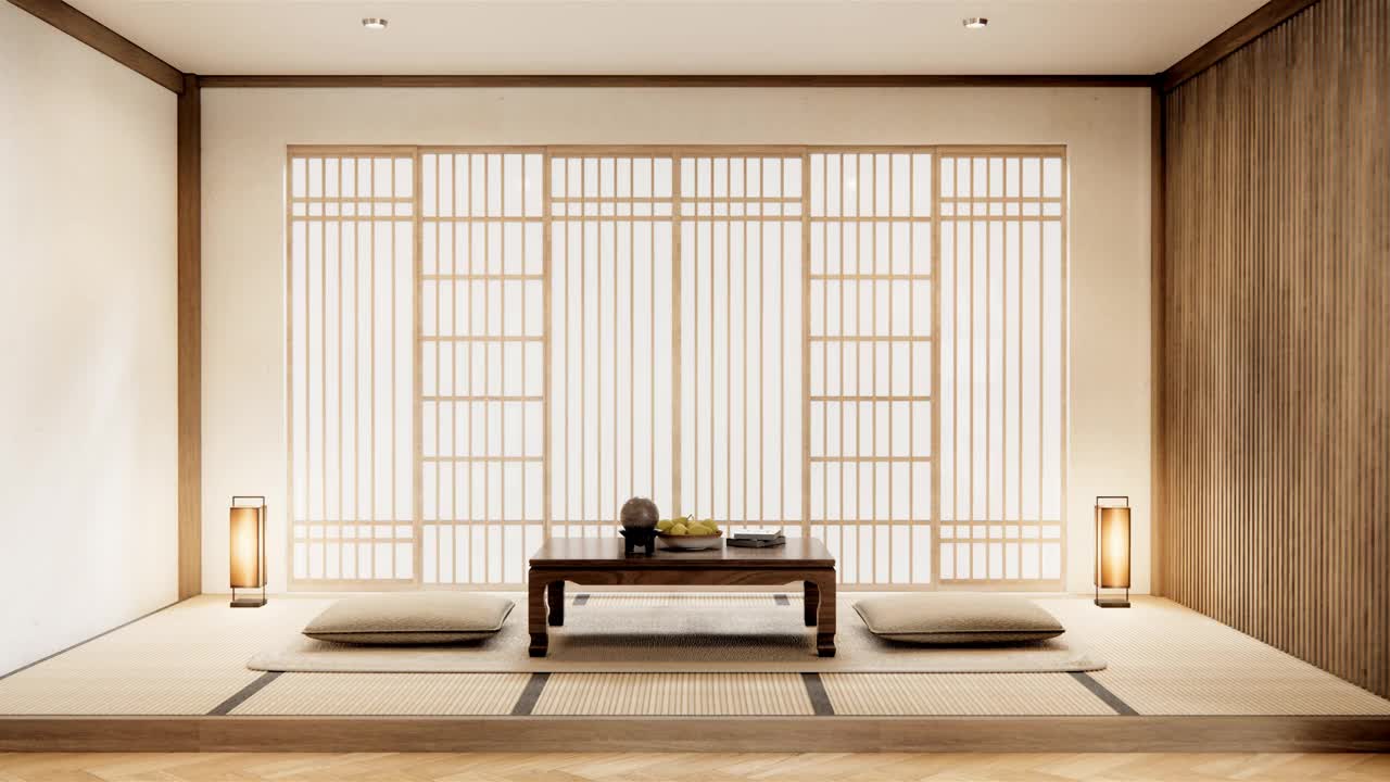 大房间室内设计在现代客厅黑色矮桌，灯，花瓶，和装饰日本风格。三维渲染视频下载