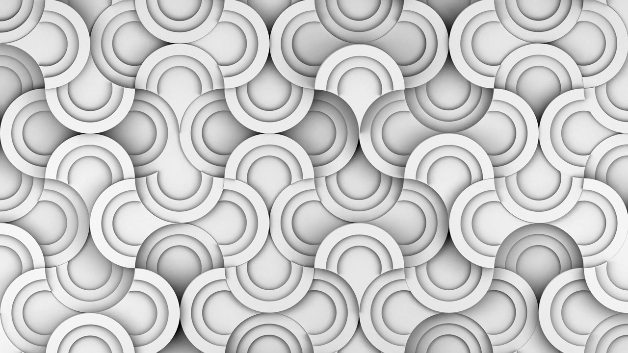凸白色圆形几何瓷砖背景。凸环半数字马赛克图案。创意3d平面设计墙运动动画。视频素材