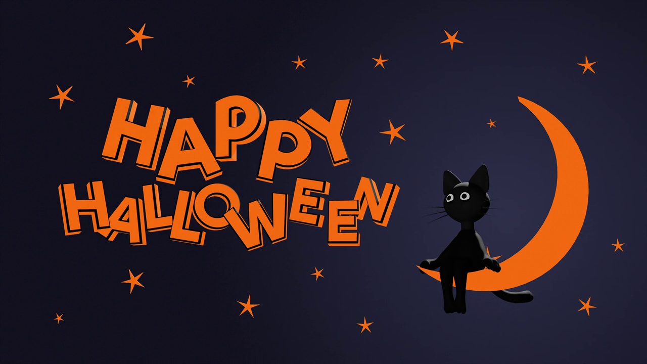 万圣节快乐，月亮上有黑猫的3D卡通动画视频下载