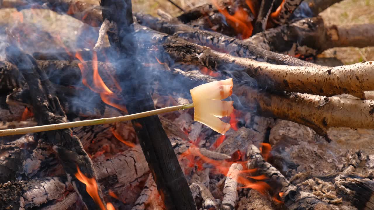 在明火上煎培根，是罗马尼亚的传统食物视频素材