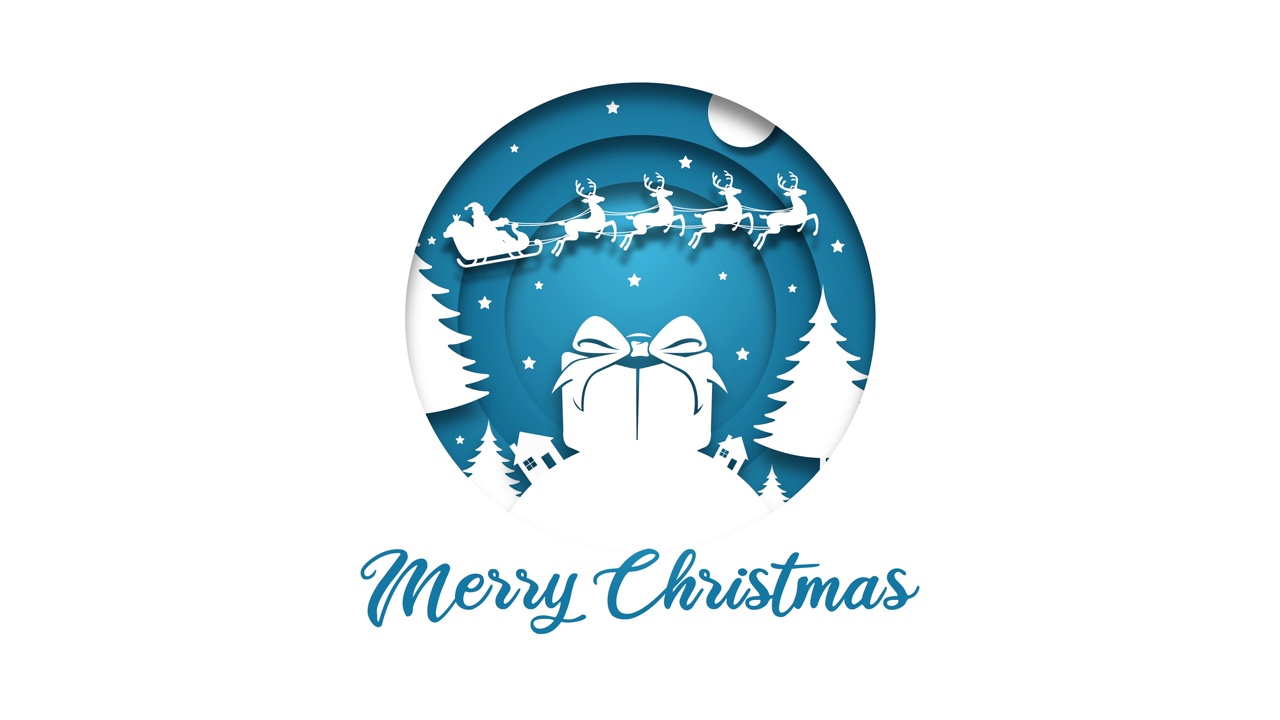 剪纸风格的圣诞老人和飞行驯鹿动画与大礼盒和圣诞快乐的文字视频下载