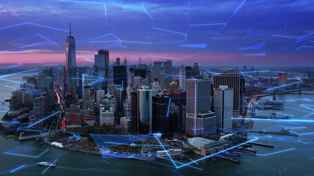 纽约航拍大数据。在未来的城市里，每一栋建筑、每一台家电、每一台设备、每一个人都相互连接，形成一个计算机网络。物联网。智能城市。视频下载