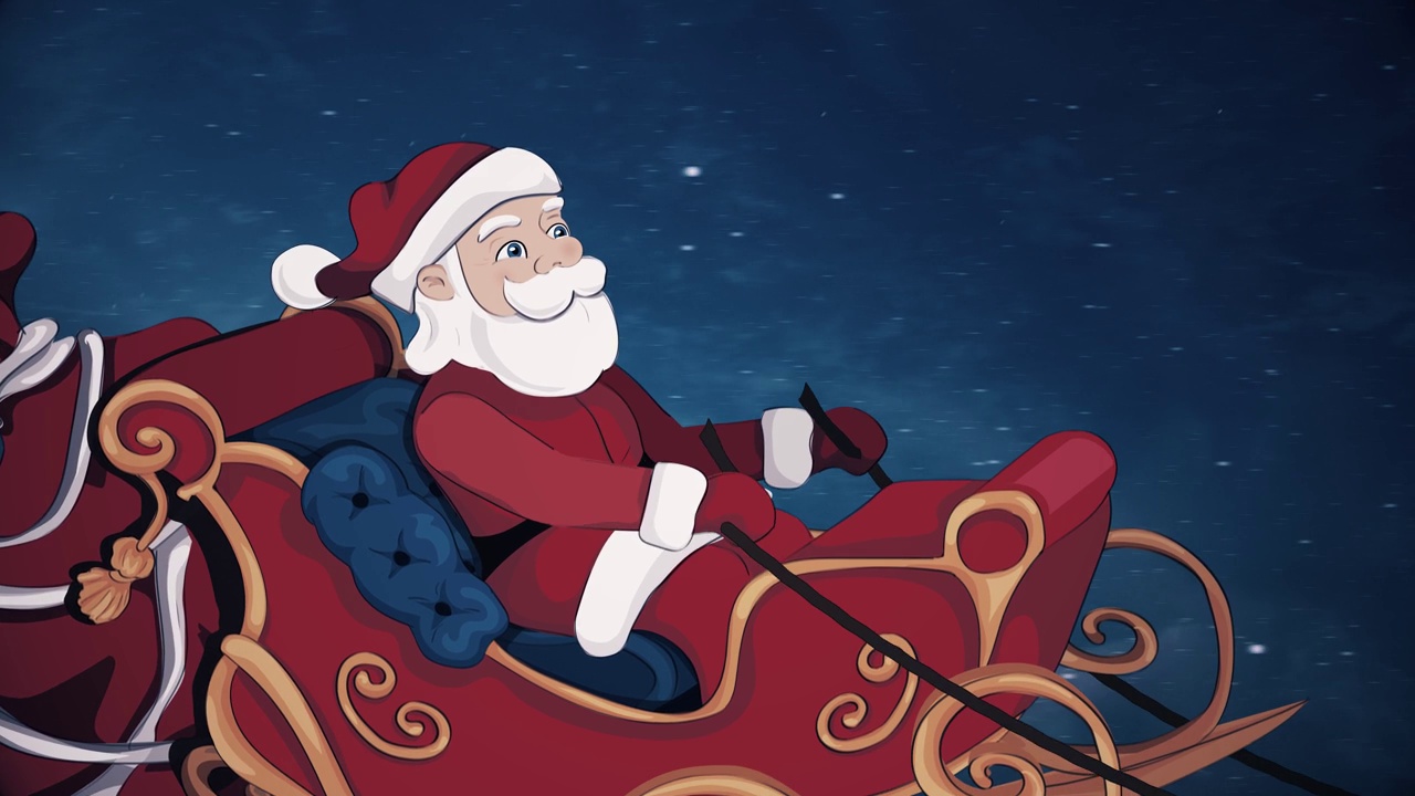 圣诞快乐与圣诞老人和驯鹿。新年概念、礼盒、月亮、问候、动物雪橇、小鹿、节日、贺卡、人物动画、童话、插画、驯鹿、雪橇、北极、视频下载