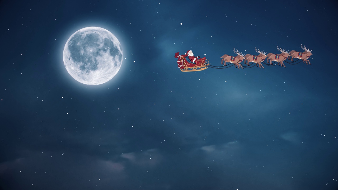 圣诞老人和驯鹿。新年概念、礼盒、月亮、问候、动物雪橇、小鹿、节日、贺卡、人物动画、童话、插画、驯鹿、雪橇、北极、视频下载