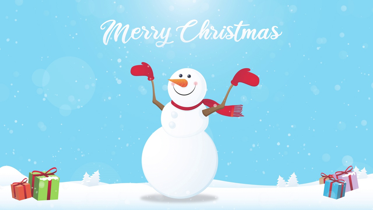 快乐雪人动画与圣诞礼物和圣诞快乐的文字视频下载