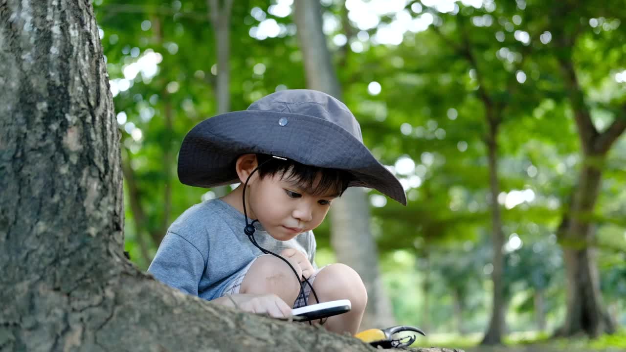 一个亚洲男孩戴着帽子，穿着森林探险服，玩着手上的甲虫。视频下载