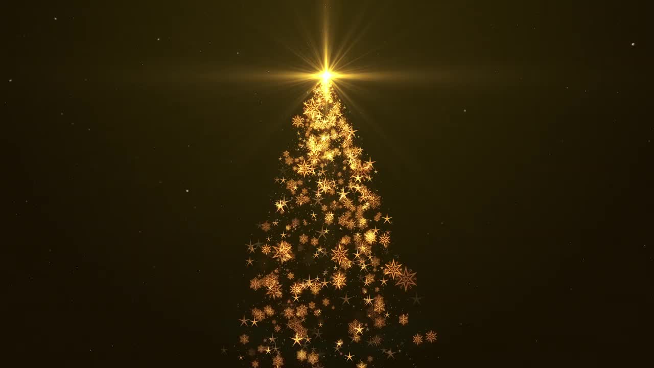 明亮的圣诞树，在金色的背景上闪烁着灯光和星星视频下载
