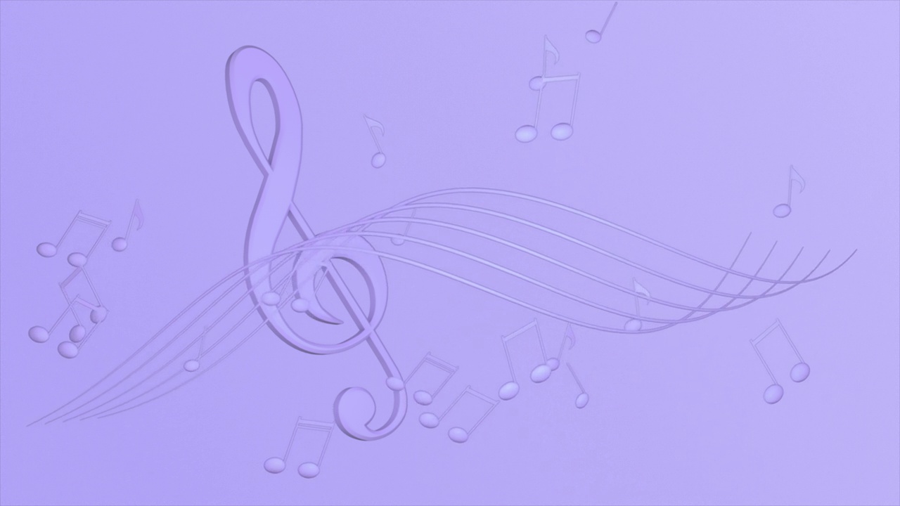 紫色背景与旋转高音谱号和音符上的无缝循环。视频下载