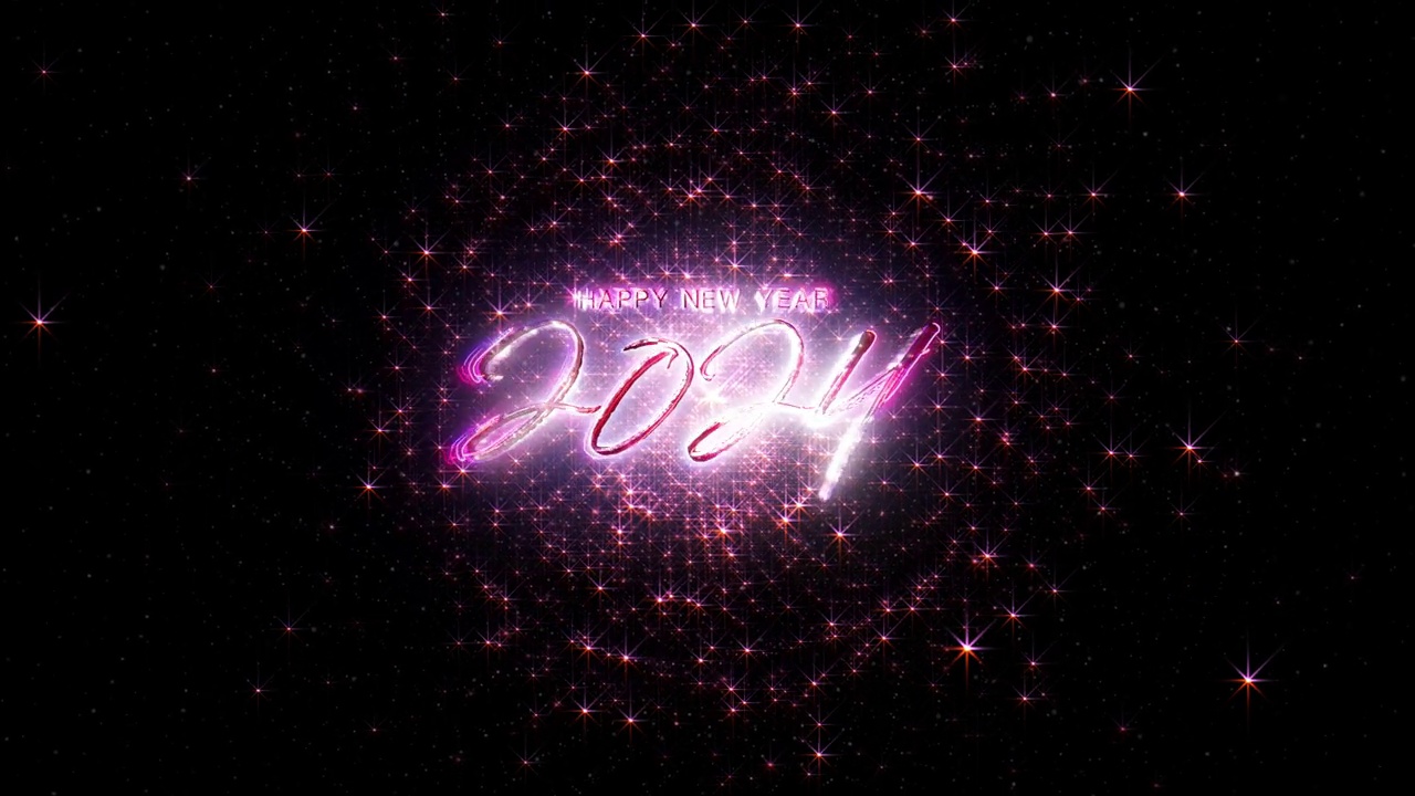 2024新年快乐辉光文字与辉光紫色粉红色星星粒子电影标题抽象背景为您的事件，VJ，音乐会，标题，预览，演示。视频素材
