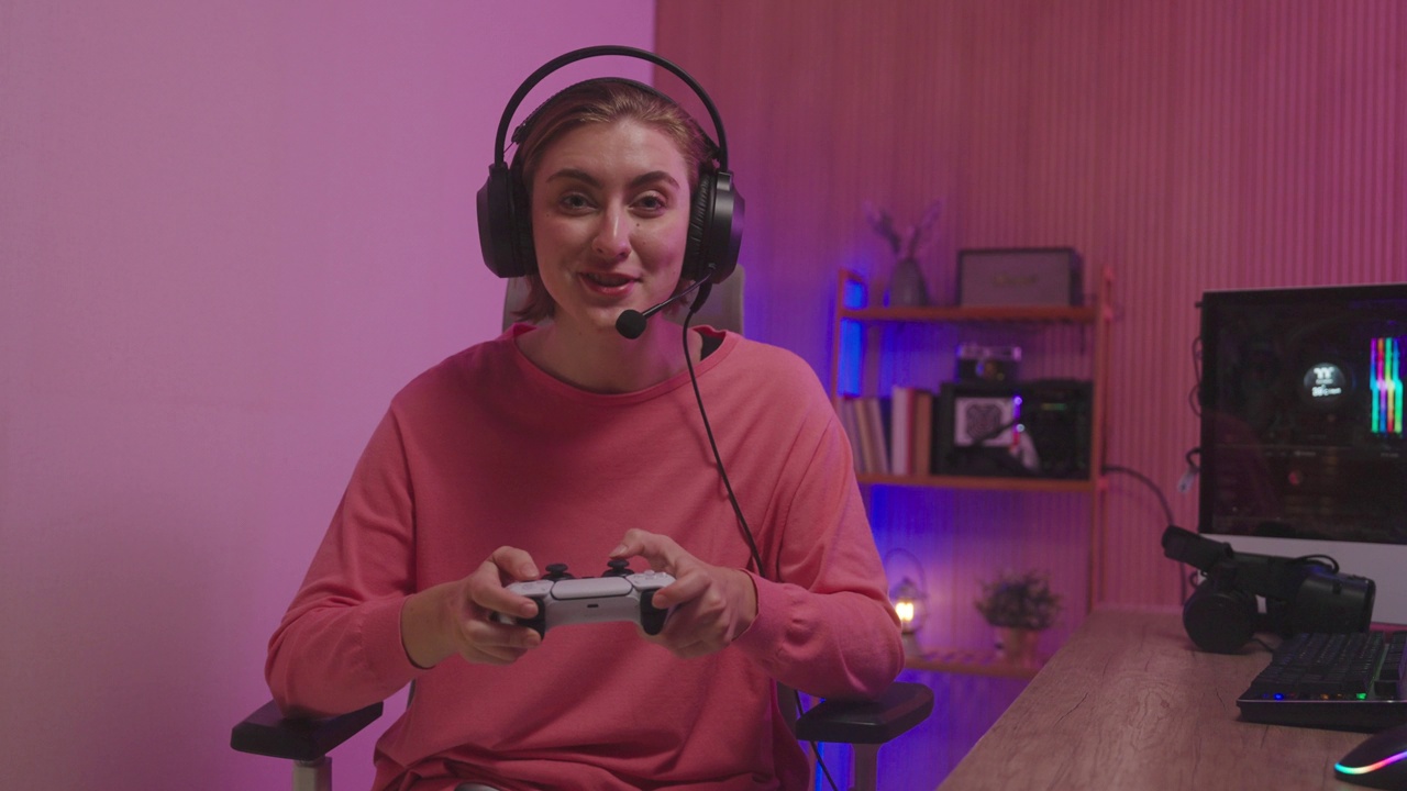 快乐亚洲女孩玩家戴着耳机比赛玩视频游戏在线与智能手机彩色霓虹灯在家里的客厅。视频下载