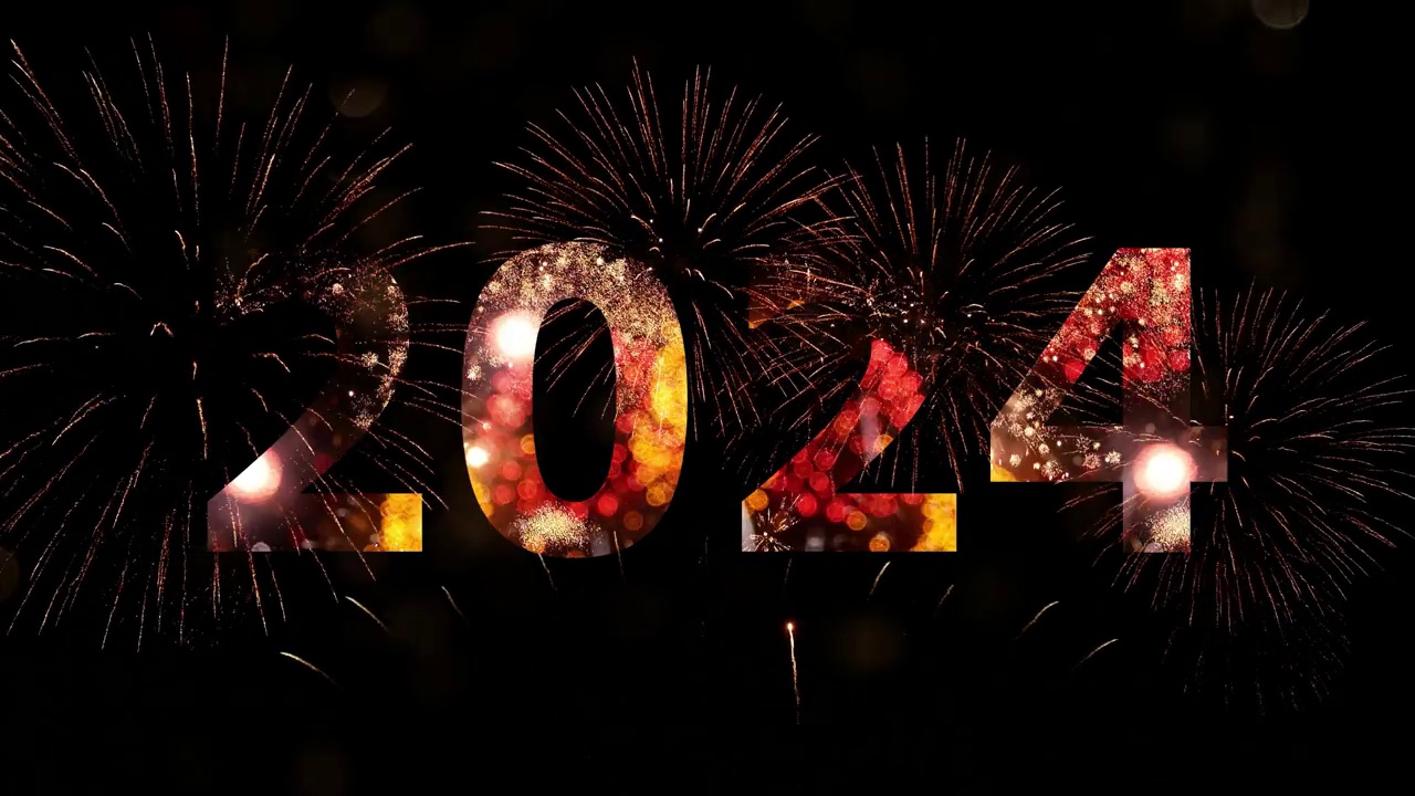 新年倒计时庆祝活动中，2024年新年祝福的循环烟花视频下载