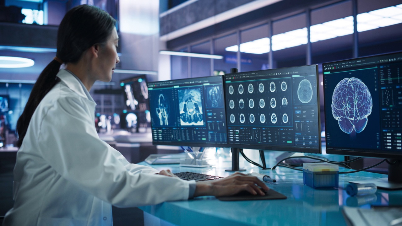 癌症研究中心医学实验室:亚洲女性神经科学家使用台式电脑分析人脑的CT扫描。专家研究脑肿瘤，寻找解决方案，治疗。视频下载