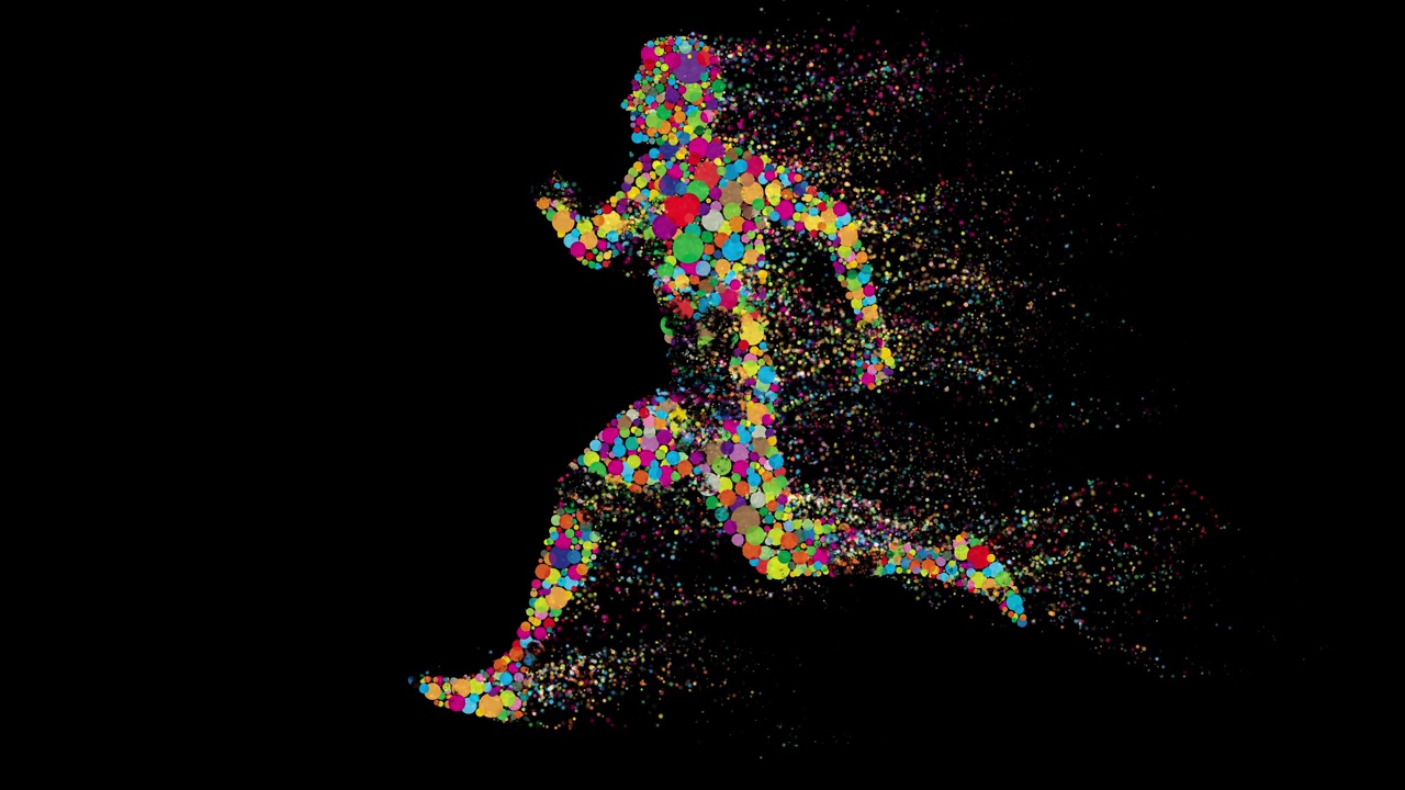 像素化的彩色跑步者慢慢分解，消失在黑暗的背景下视频下载