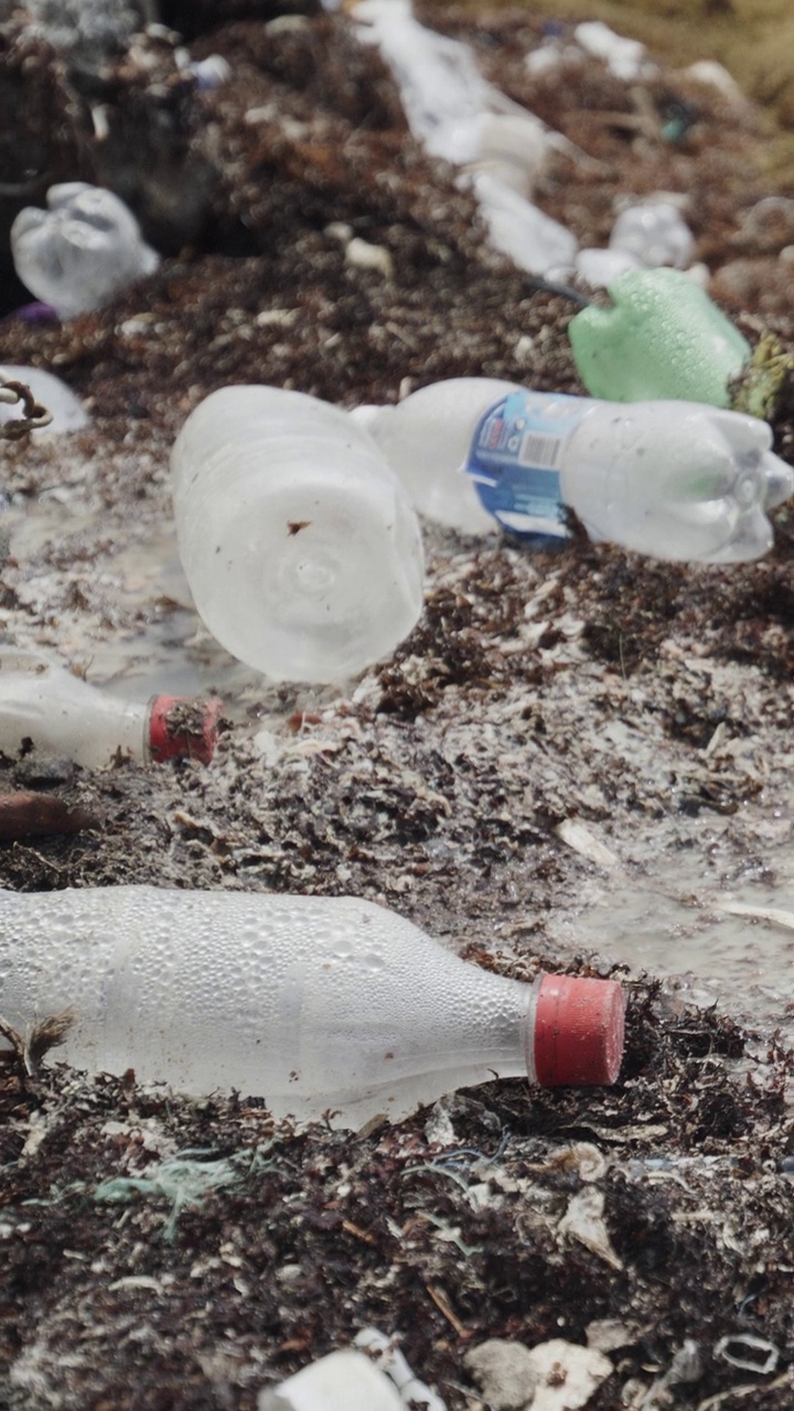 海滩上乱扔塑料瓶的特写——垂直视频/克利夫顿、联合岛、圣文森特和格林纳丁斯视频下载