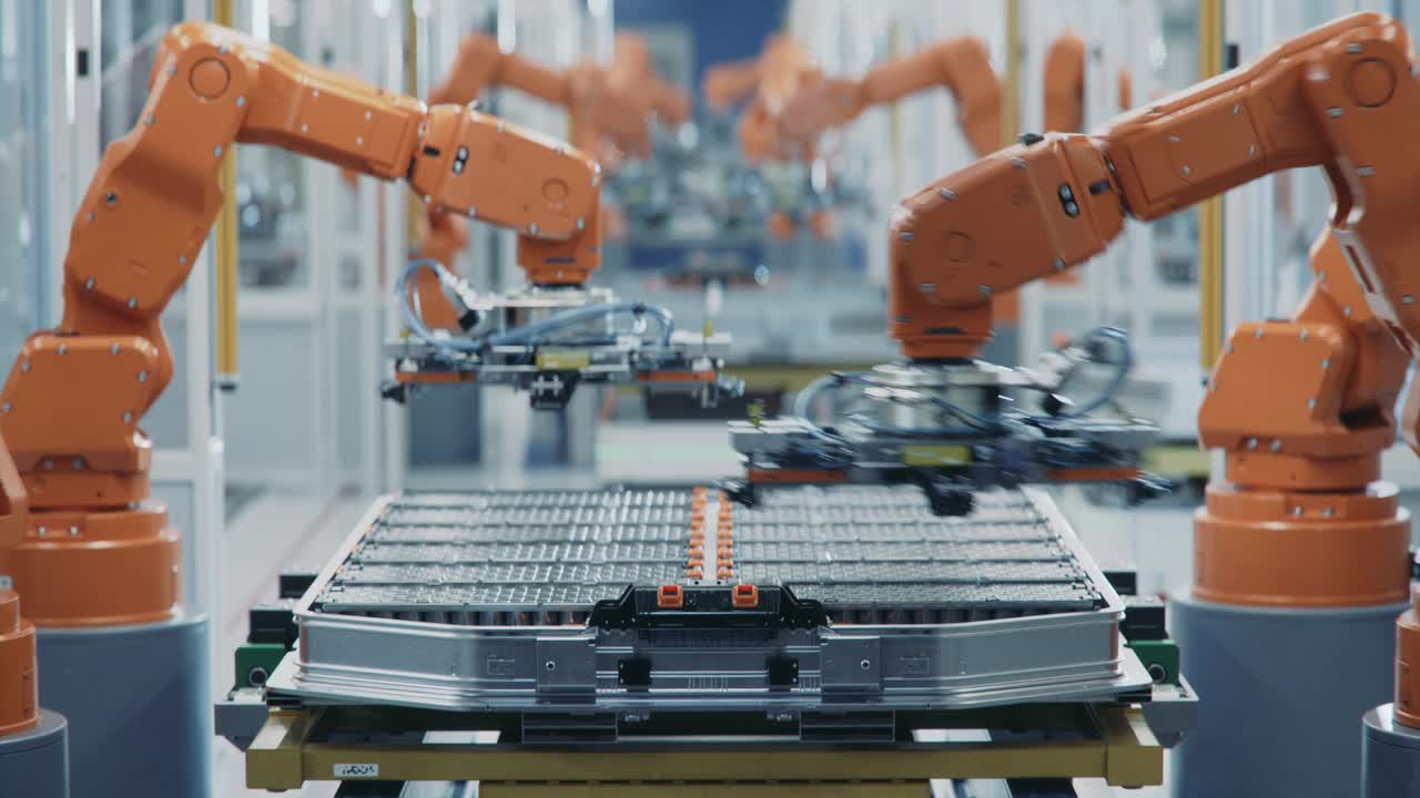 橙色机械臂的自动化生产线特写。用于汽车工业装配的电动汽车电池组延时拍摄。电动汽车智能工厂。配备机械臂的生产线视频下载